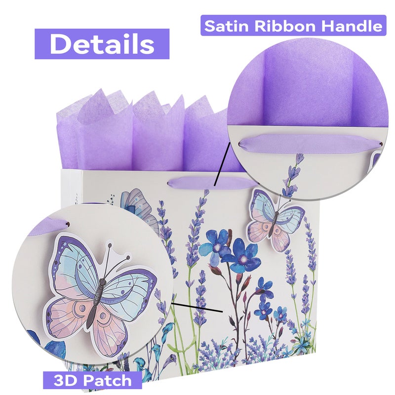 Qirrmiy 16.5" Extra Large Purple Gift Bag Set with Greeting Card and Tissue Papers (Lavender and 3D Butterfly) for Women's Birthday Party, Mothers' Day, Girls' or Kids', Wedding, Valentine's Day - Image 4