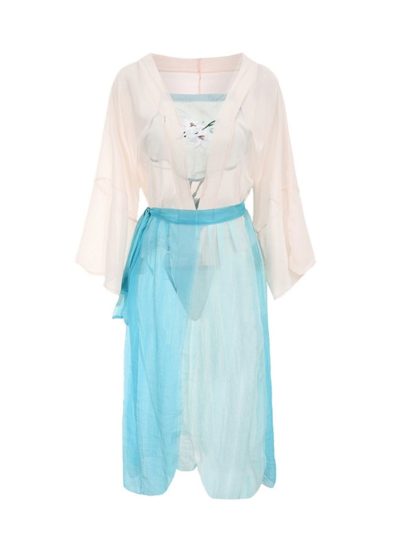 Retro embroidered pajamas set bellyband gauze skirt coat panties full set of pajamas  - Image 1