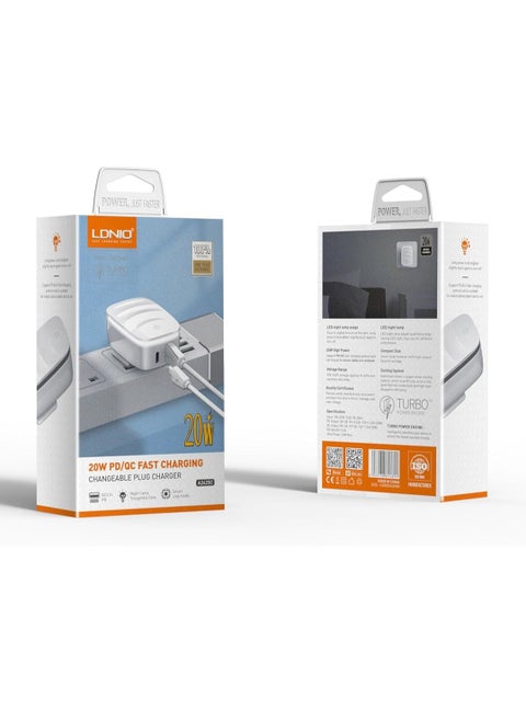 LDNIO A2425C Fast Wall Charger With Cable From Type C To Lightning And PD Plus QC LED Lamp 20W - White