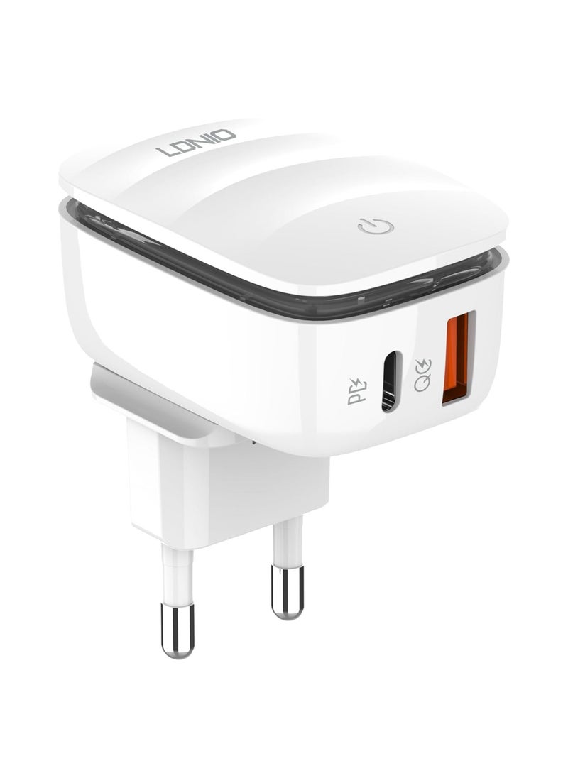 إل دينو - LDNIO A2425C شاحن حائط سريع مع كابل من النوع C إلى Lightning ومصباح LED PD Plus QC 20 وات - أبيض - Image 1
