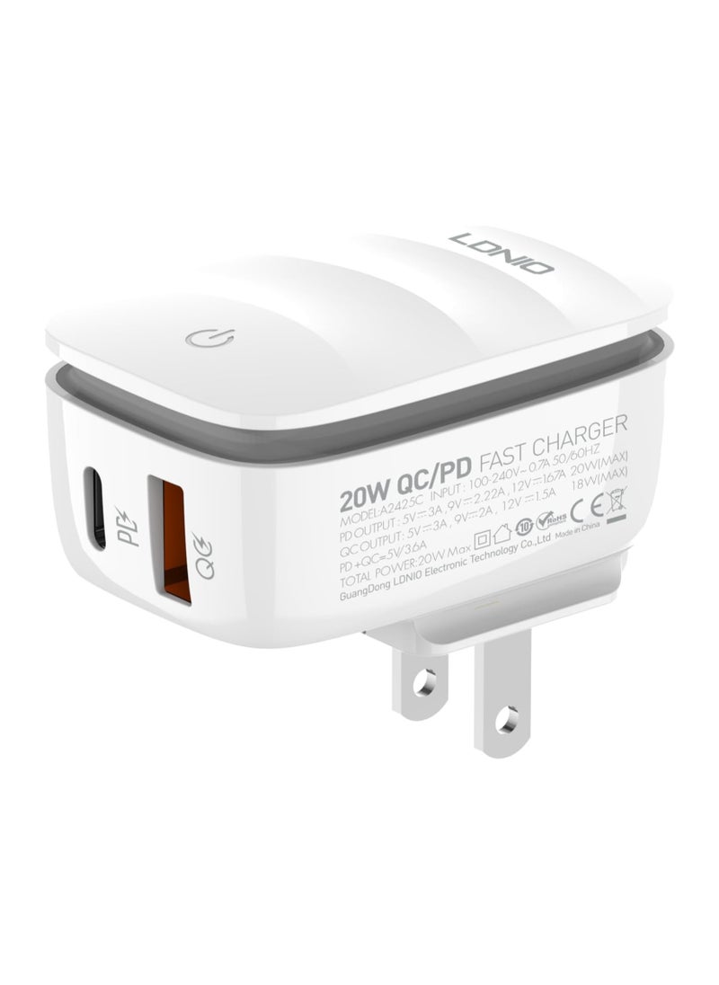 إل دينو - LDNIO A2425C شاحن حائط سريع مع كابل من النوع C إلى Lightning ومصباح LED PD Plus QC 20 وات - أبيض - Image 1