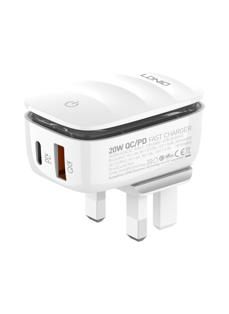 إل دينو - LDNIO A2425C شاحن حائط سريع مع كابل من النوع C إلى Lightning ومصباح LED PD Plus QC 20 وات - أبيض - Image 1