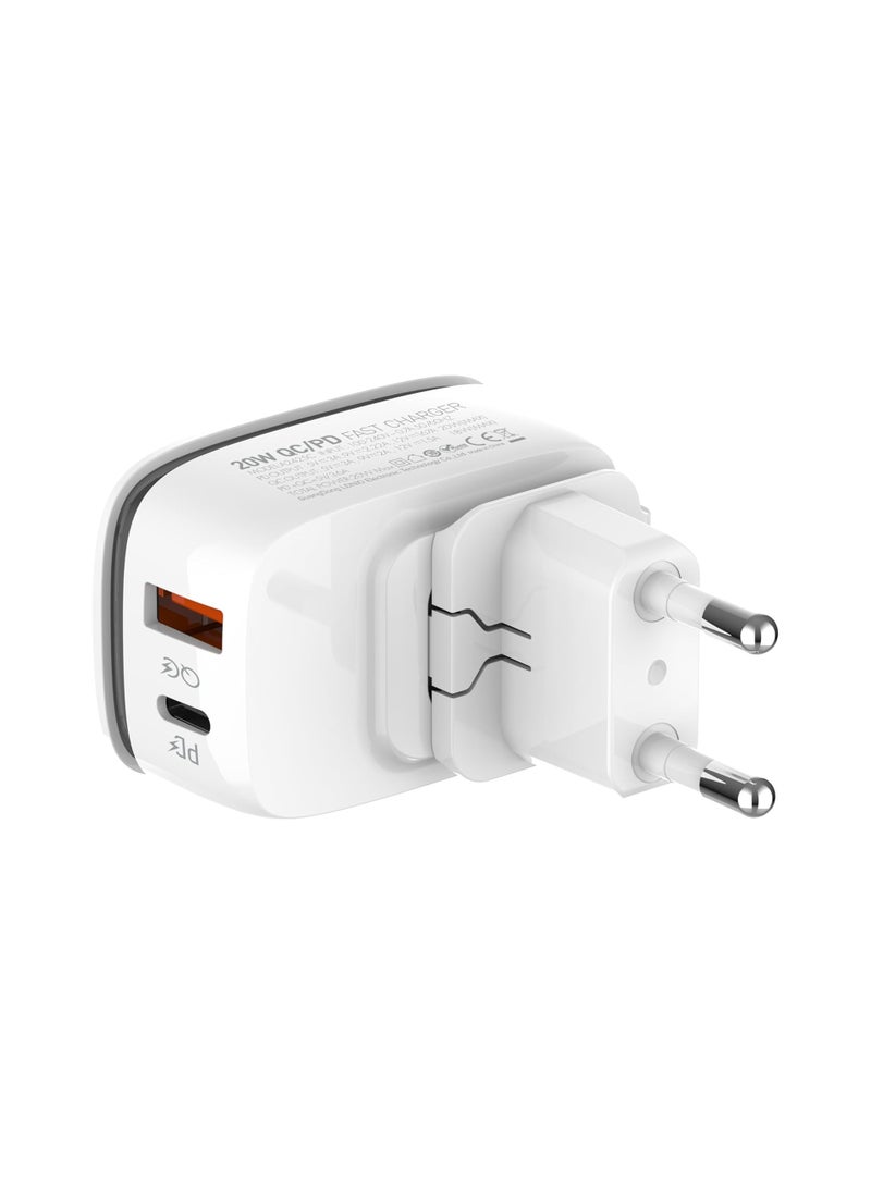 إل دينو - LDNIO A2425C شاحن حائط سريع مع كابل من النوع C إلى Lightning ومصباح LED PD Plus QC 20 وات - أبيض - Image 1