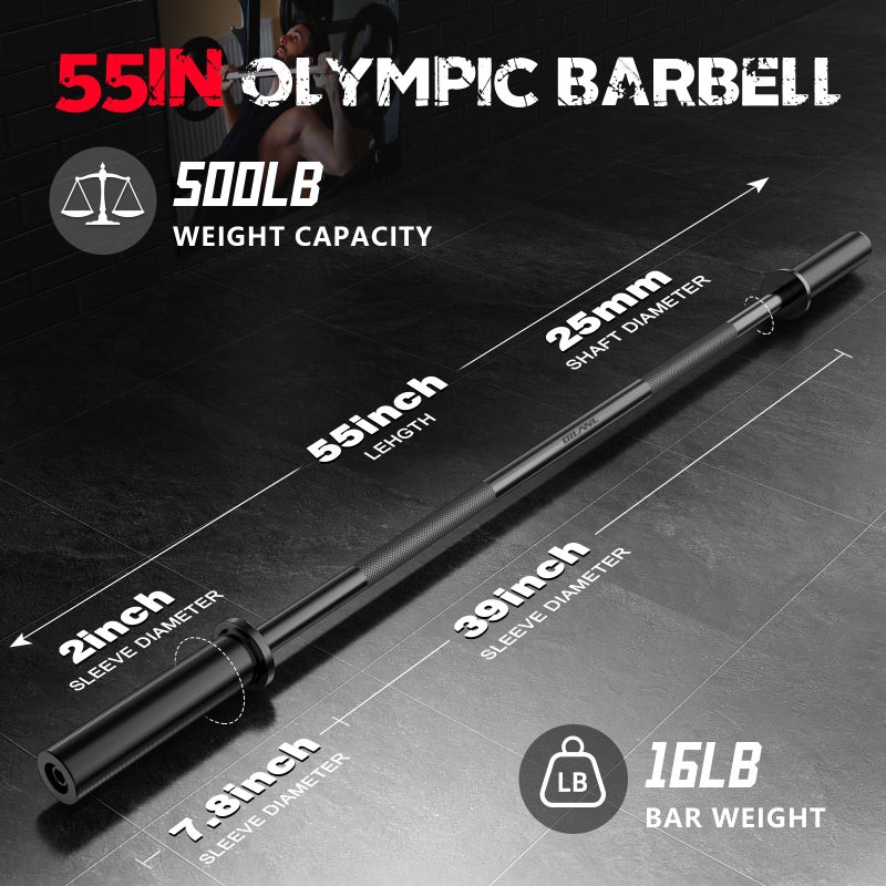 DILANL Olympic Barbell Bar 55", 2In-Weight Lifting Bar Standard Straight Barbell Bars for Bench Press/Hip Thrusts/Biceps/Lunges/Squat/Strength-Training Home Gym Weight Bar, 2 Collars(500lb Capacity) (Black) - Image 3