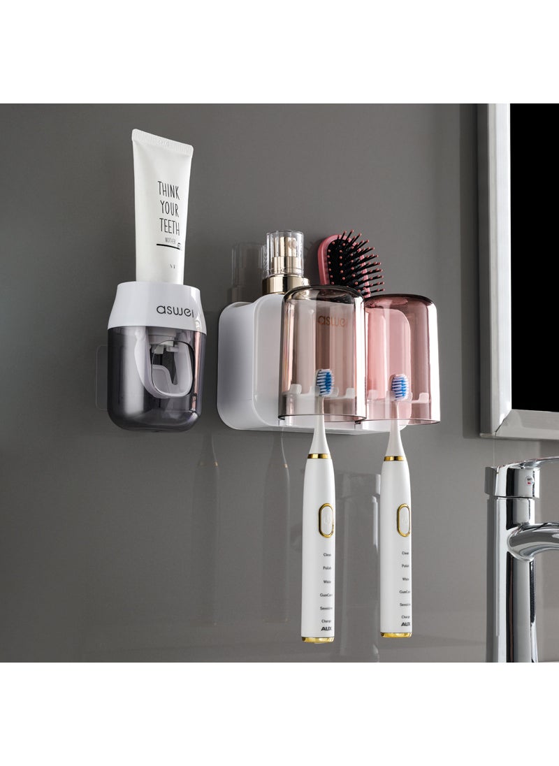 Generic Wall-Mounted Toothbrush Holder SetLight luxury white [2 cups + Gray toothpaste squeezer]] Light luxury white [2 cups + Gray toothpaste squeezer]] 