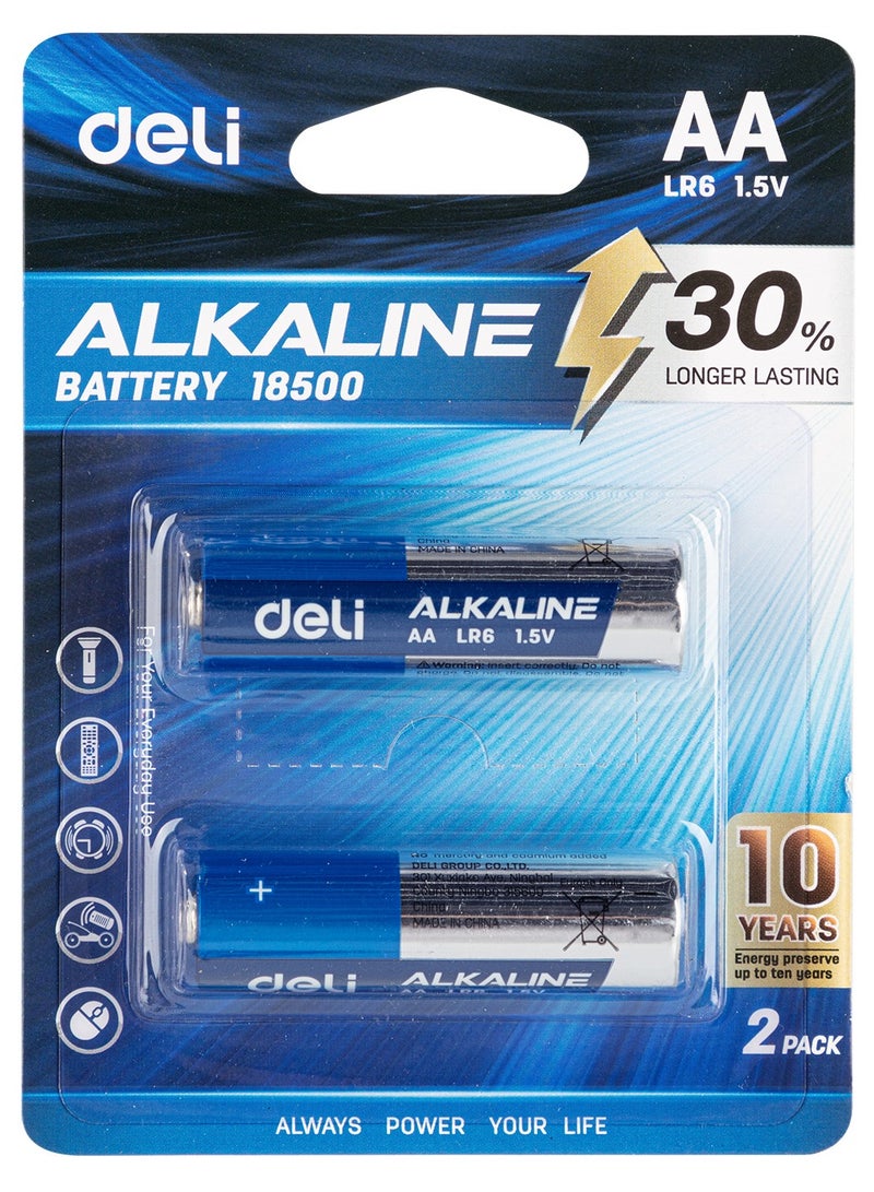 Deli Alkaline AA Batteries - Pack of 2, 30% Longer Lasting, E18500 - Image 1