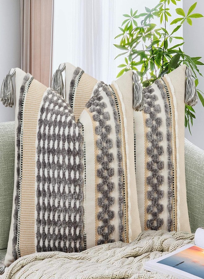 AmHoo Set of 2 Chenille Striped Textured Boho Throw Pillow Covers Aesthetic with Tassels Woven Decorative Pillow Case for Couch Bed Sofa Bedroom Modern Funky 18 x 18-Inch Grey White - Image 1
