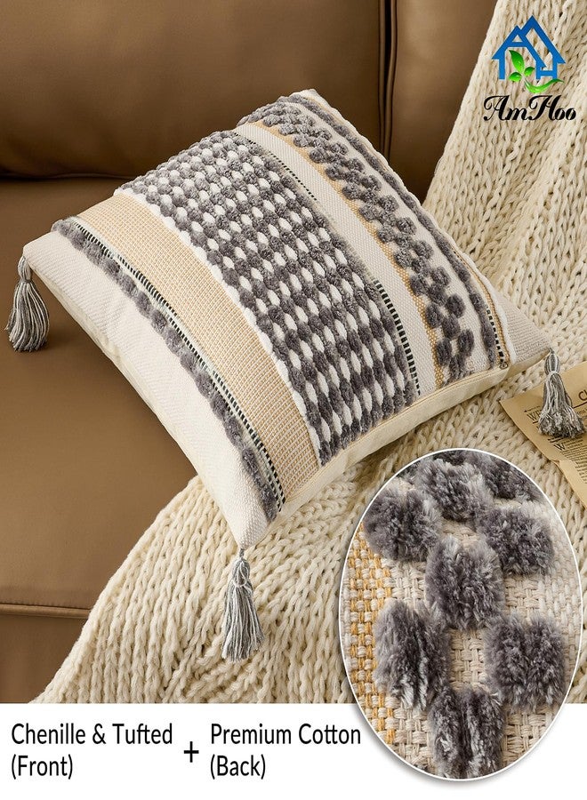 AmHoo Set of 2 Chenille Striped Textured Boho Throw Pillow Covers Aesthetic with Tassels Woven Decorative Pillow Case for Couch Bed Sofa Bedroom Modern Funky 18 x 18-Inch Grey White - Image 2
