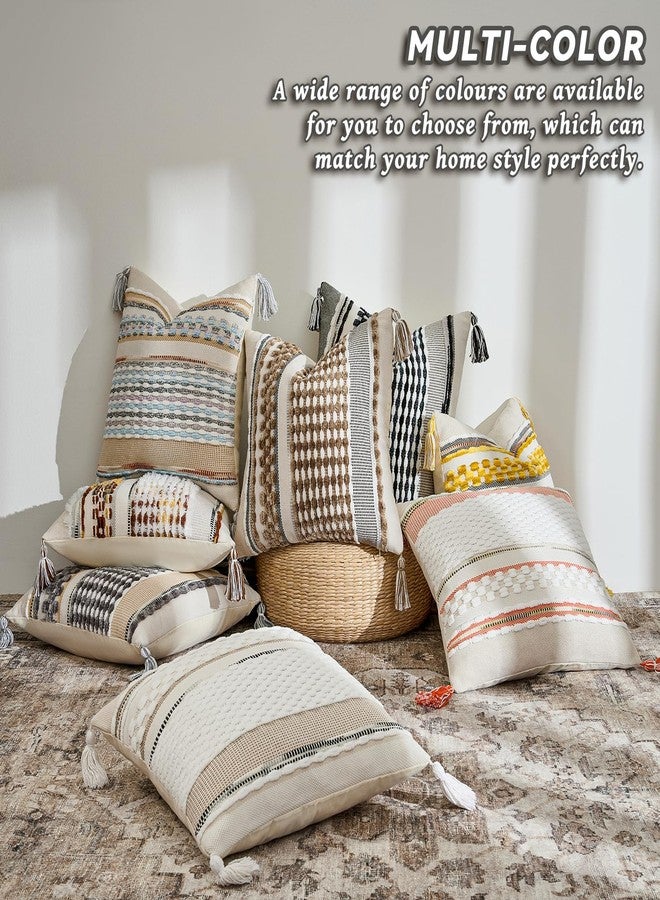 AmHoo Set of 2 Chenille Striped Textured Boho Throw Pillow Covers Aesthetic with Tassels Woven Decorative Pillow Case for Couch Bed Sofa Bedroom Modern Funky 18 x 18-Inch Grey White - Image 4