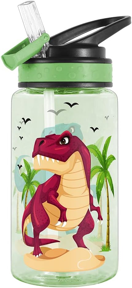 Home Tune 15oz Water Bottle for Kids Girls Boys School BPA Free Leak Proof Flip Straw Carry Loop Easy Clean  Dinosaur - Image 1