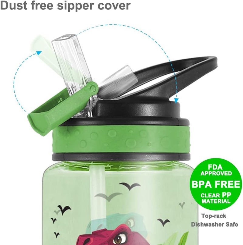 Home Tune 15oz Water Bottle for Kids Girls Boys School BPA Free Leak Proof Flip Straw Carry Loop Easy Clean  Dinosaur - Image 4