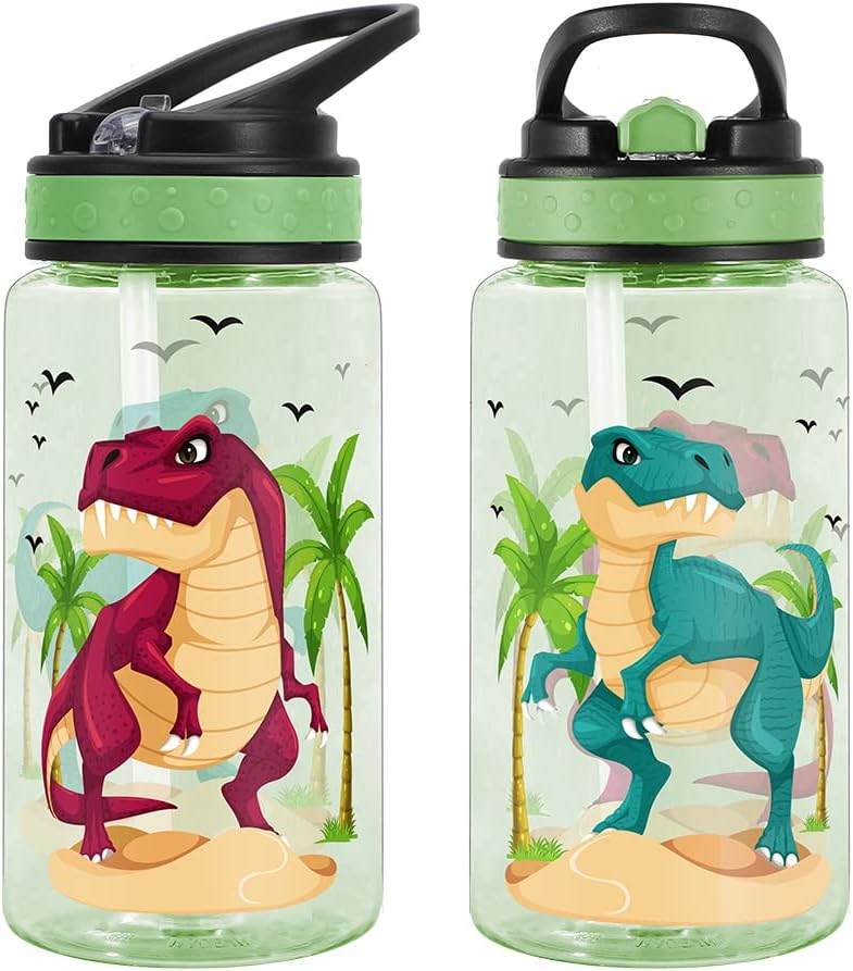 Home Tune 15oz Water Bottle for Kids Girls Boys School BPA Free Leak Proof Flip Straw Carry Loop Easy Clean  Dinosaur - Image 2