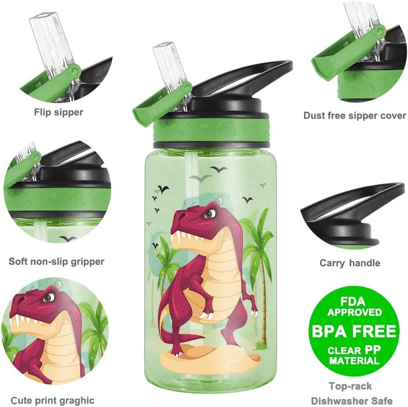 Home Tune 15oz Water Bottle for Kids Girls Boys School BPA Free Leak Proof Flip Straw Carry Loop Easy Clean  Dinosaur - Image 3