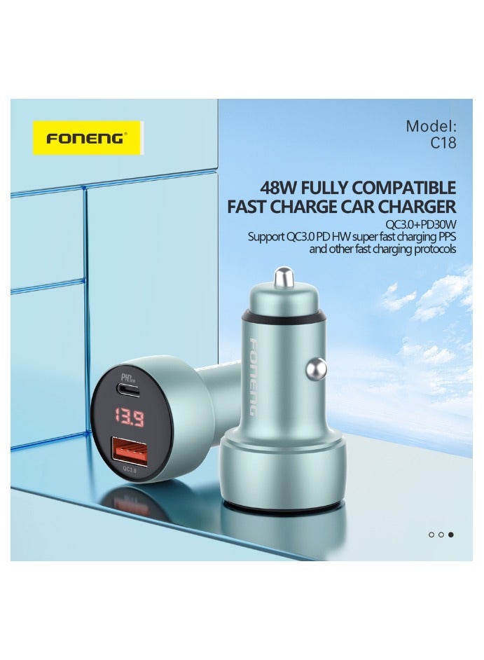 FONENG C18 48W Fast Car Charger with Digital Display and Aluminum Alloy Shell, Supports QC3.0 and PD30W - Image 1