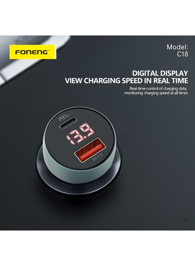 FONENG C18 48W Fast Car Charger with Digital Display and Aluminum Alloy Shell, Supports QC3.0 and PD30W - Image 2