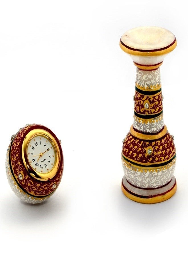 Pooja Creation Marble Gold Painted Meenakari Pillar Clock - (2x2x6-inch, White) - Image 2