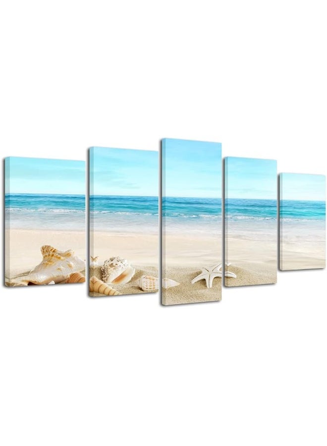 Pyradecor Seashell 5 panels Seascape Canvas Prints Landscape Pictures Paintings Modern Stretched Canvas Wall Art Sea Beach Pictures Artwork for Home Decor - Image 1