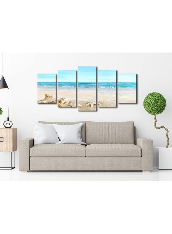 Pyradecor Seashell 5 panels Seascape Canvas Prints Landscape Pictures Paintings Modern Stretched Canvas Wall Art Sea Beach Pictures Artwork for Home Decor - Image 2