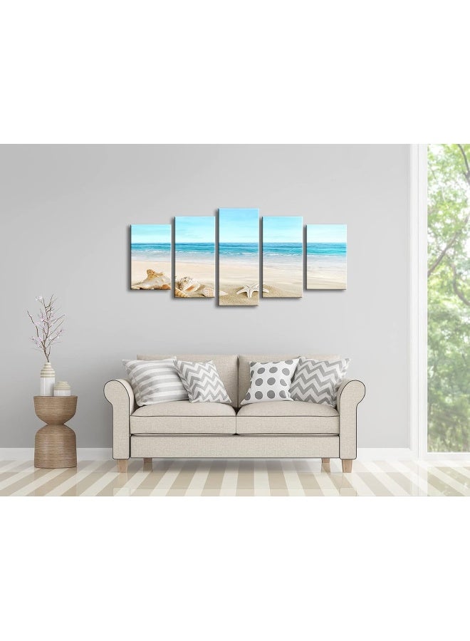 Pyradecor Seashell 5 panels Seascape Canvas Prints Landscape Pictures Paintings Modern Stretched Canvas Wall Art Sea Beach Pictures Artwork for Home Decor - Image 3