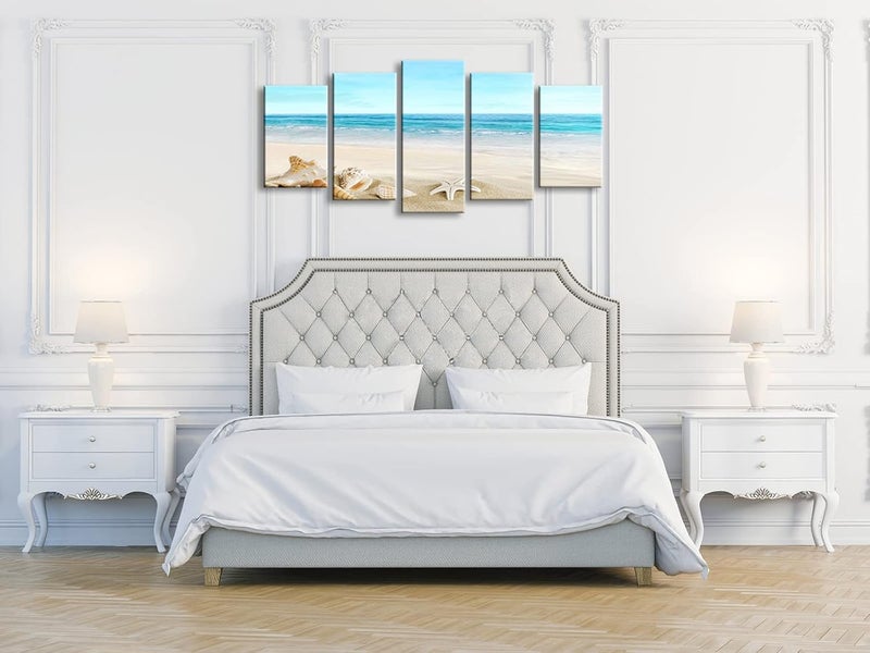Pyradecor Seashell 5 panels Seascape Canvas Prints Landscape Pictures Paintings Modern Stretched Canvas Wall Art Sea Beach Pictures Artwork for Home Decor - Image 5