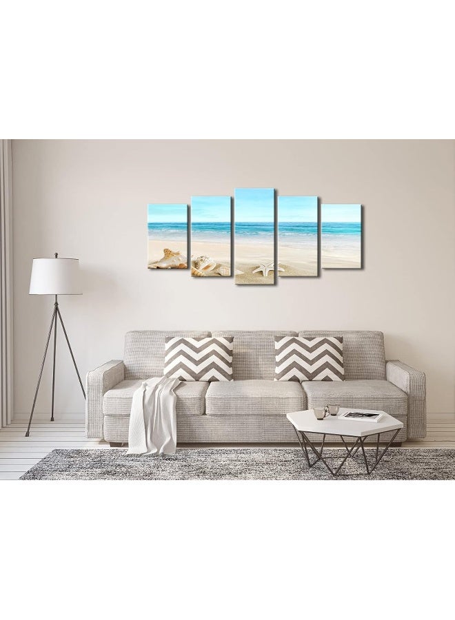 Pyradecor Seashell 5 panels Seascape Canvas Prints Landscape Pictures Paintings Modern Stretched Canvas Wall Art Sea Beach Pictures Artwork for Home Decor - Image 4