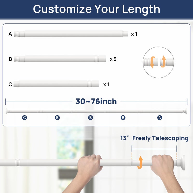 ENJOYBASICS Shower Curtain Rod 30 to 76 Inches, 1 Inch Stainless Steel Adjustable Spring Tension Rods No Drill for Bathroom, Closet, Window, Room Divider, Never Rust, Non Slip, White - Image 2