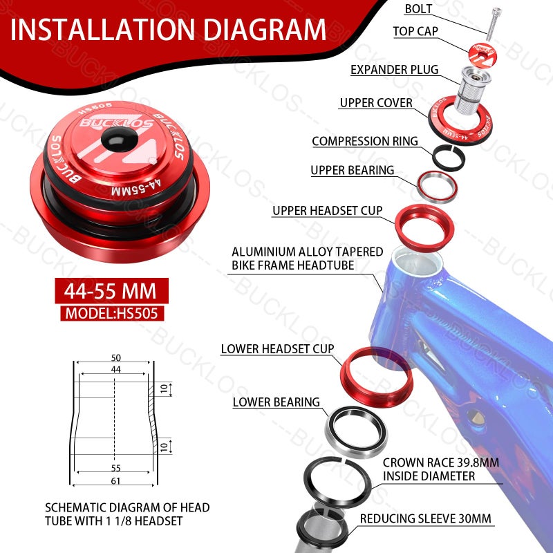 BUCKLOS 1-1/8 Bike Headset MTB Threadless 34 44 44-50.6 44-55 44-56 41.8-52mm, Straight Tapered Tube Mountain Bikes Road Bicycle Double Sealed Bearings Headsets, for Frame Fork Expander Plug Star Nut - Image 2