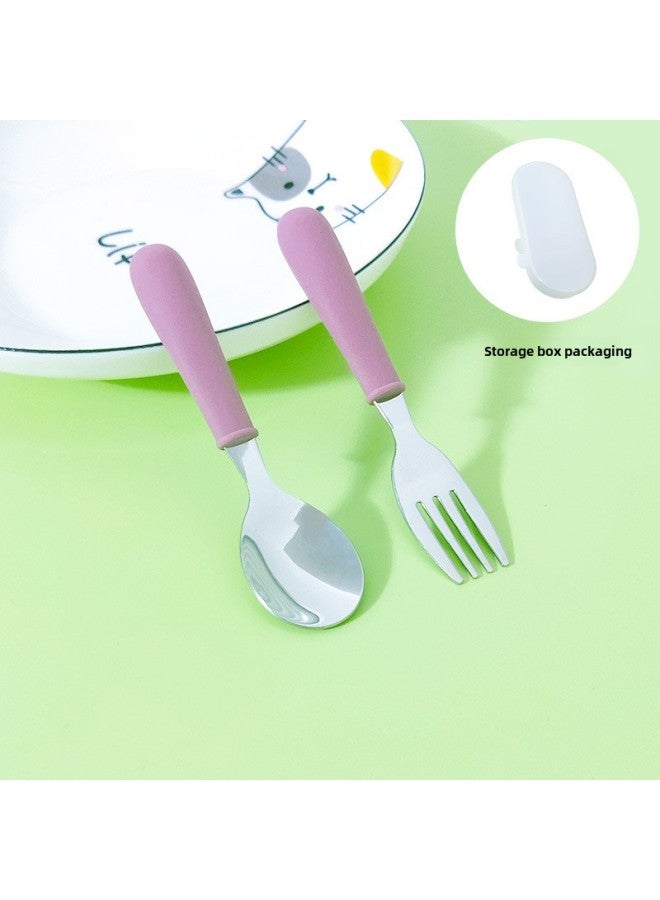Silicone Children's Fork Spoon Suit Short Handle 304 Stainless Steel Tableware Portable Fork Spoon Two-piece Dessert Spoon Cake Spoon-Specifications:Purple Red - Image 1
