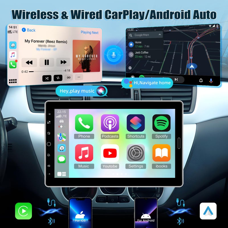 EKAT 10.1 inch Single Din Car Stereo with Wireless Carplay 10 inch Touchscreen Radio Support FM Radio/YouTube Video/Car Play/Android Auto/Bluetooth/SWC + Backup Camera + Mic - Image 2