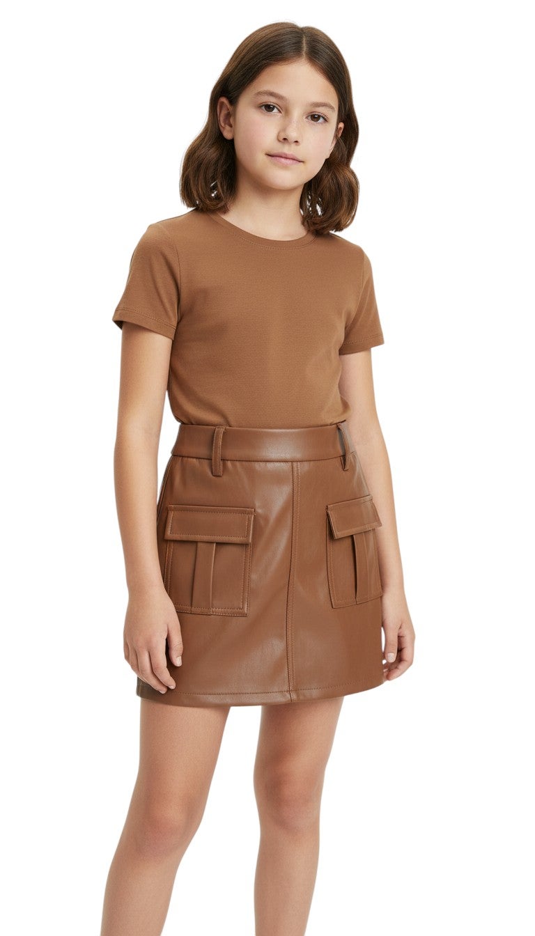 Bongo Kids Wear Plain Casual Leather Skirt for Girls - Brown - Image 1