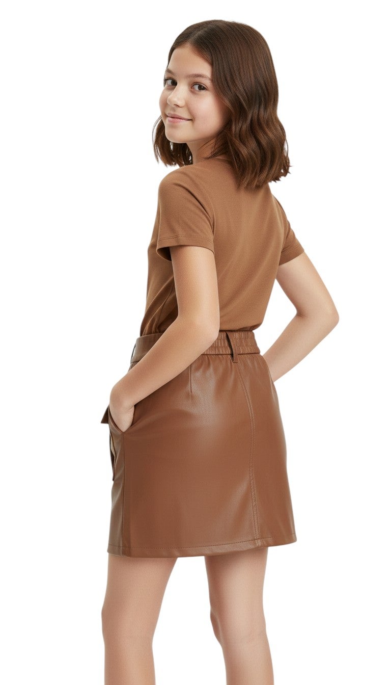 Bongo Kids Wear Plain Casual Leather Skirt for Girls - Brown - Image 3