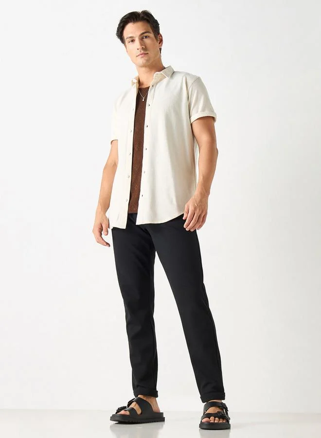 Iconic Iconic Textured Shirt with Spread Collar and Short Sleeves