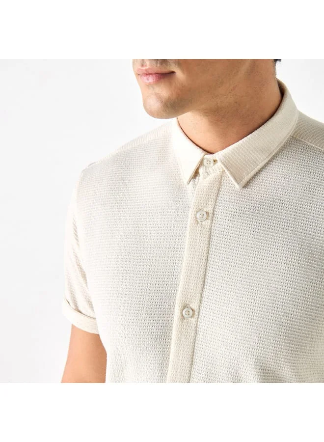 Iconic Iconic Textured Shirt with Spread Collar and Short Sleeves