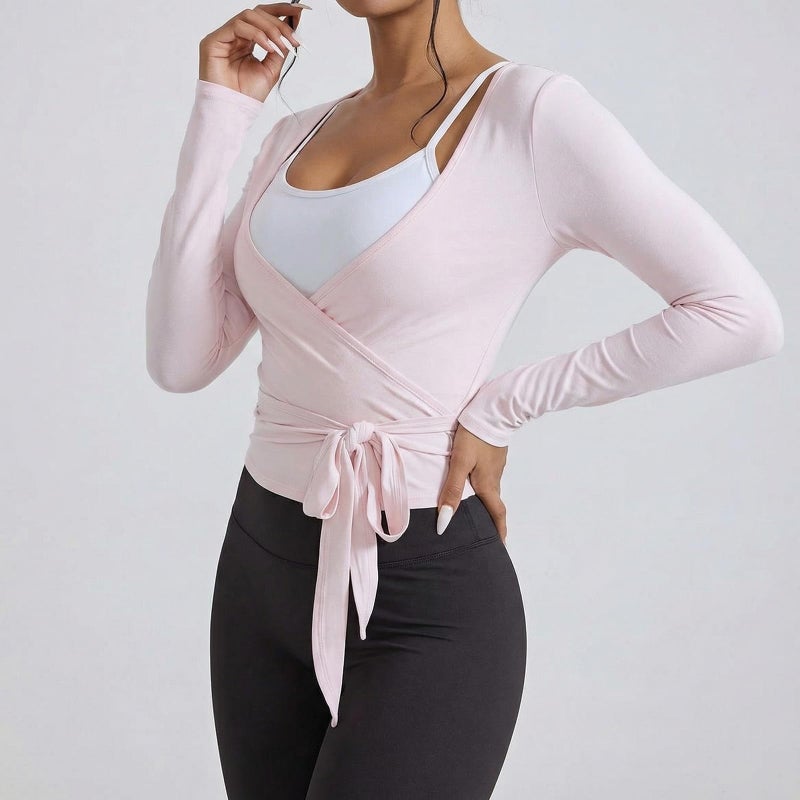 Simlakey 3 Pack Women Ballet Pilates Wrap Tops Y2K Workout Yoga Shirts Dance Long Sleeve Tie Front Crop Tops(Large,Black, Pink, White) - Image 2