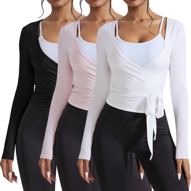 Simlakey 3 Pack Women Ballet Pilates Wrap Tops Y2K Workout Yoga Shirts Dance Long Sleeve Tie Front Crop Tops(Large,Black, Pink, White) - Image 1