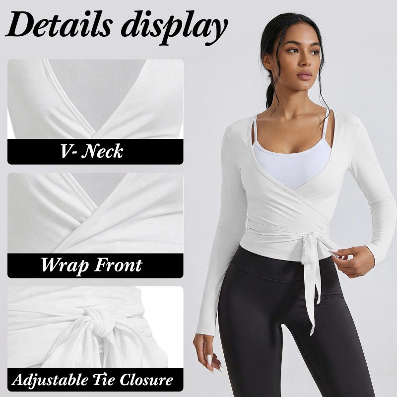 Simlakey 3 Pack Women Ballet Pilates Wrap Tops Y2K Workout Yoga Shirts Dance Long Sleeve Tie Front Crop Tops(Large,Black, Pink, White) - Image 3