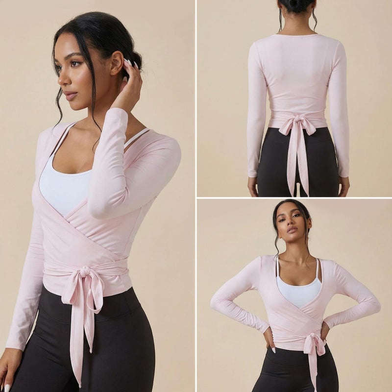 Simlakey 3 Pack Women Ballet Pilates Wrap Tops Y2K Workout Yoga Shirts Dance Long Sleeve Tie Front Crop Tops(Large,Black, Pink, White) - Image 5