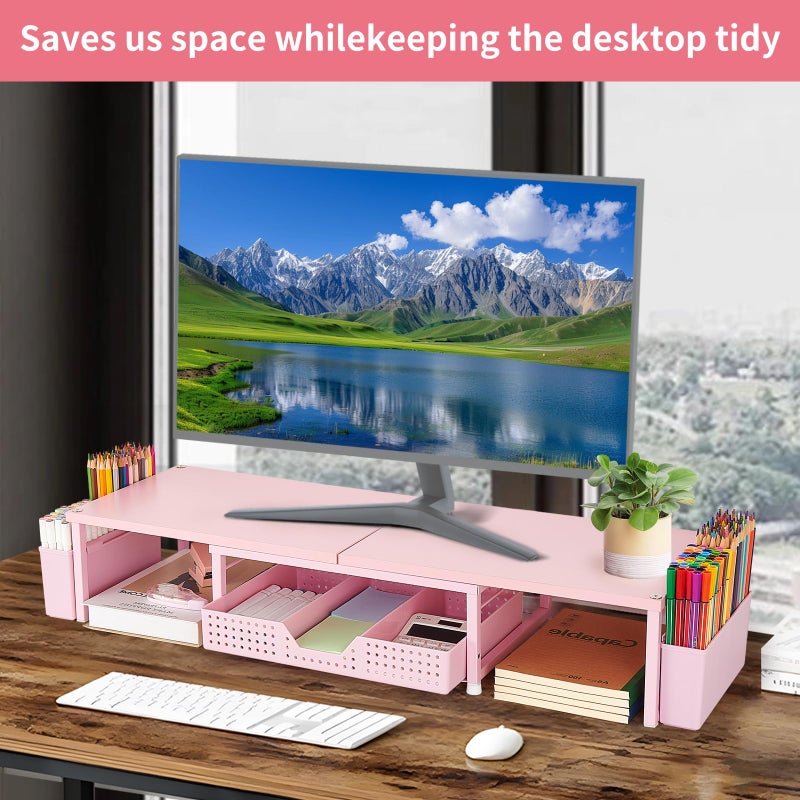 OPNICE Desk Organizers and Accessories, Dual Monitor Stand Riser with Drawer and 2 Pen Holders, Desk Shelf Wood Computer Racks for Office Workspace Organizers, Desktop Organization (Pink Wood) - Image 5