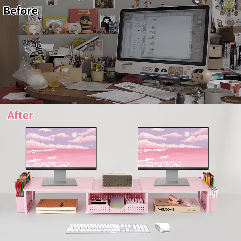 OPNICE Desk Organizers and Accessories, Dual Monitor Stand Riser with Drawer and 2 Pen Holders, Desk Shelf Wood Computer Racks for Office Workspace Organizers, Desktop Organization (Pink Wood) - Image 2