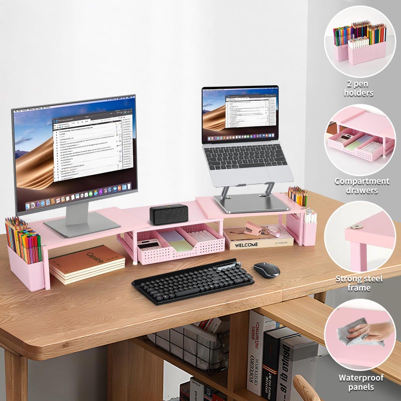 OPNICE Desk Organizers and Accessories, Dual Monitor Stand Riser with Drawer and 2 Pen Holders, Desk Shelf Wood Computer Racks for Office Workspace Organizers, Desktop Organization (Pink Wood) - Image 4