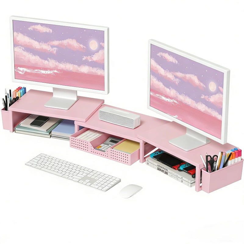 OPNICE Desk Organizers and Accessories, Dual Monitor Stand Riser with Drawer and 2 Pen Holders, Desk Shelf Wood Computer Racks for Office Workspace Organizers, Desktop Organization (Pink Wood) - Image 1