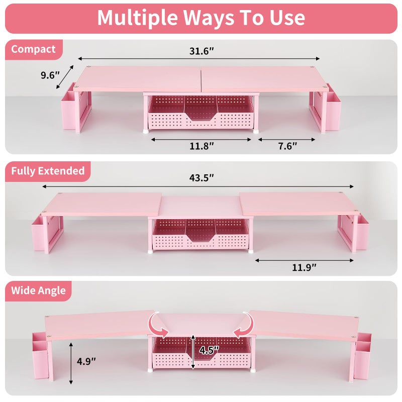 OPNICE Desk Organizers and Accessories, Dual Monitor Stand Riser with Drawer and 2 Pen Holders, Desk Shelf Wood Computer Racks for Office Workspace Organizers, Desktop Organization (Pink Wood) - Image 3