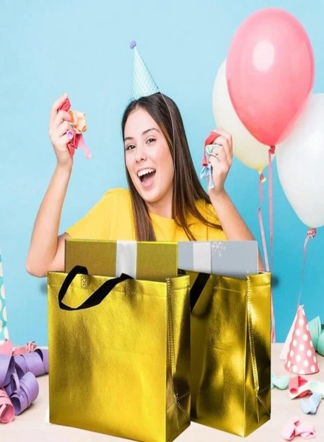 Evafly أكياس هدايا إيفافلاي كبيرة الحجم، عبوة من 10 أكياس: الطول 12 × العرض 17 × العمق 5 بوصة | قابلة لإعادة الاستخدام، مصنوعة من قماش غير منسوج لامع مغلف بطبقة معدنية | هدايا تذكارية لحفلات الحناء، أكياس من الجوت لهدايا التذكار، هدايا تذكارية لأعياد الميلاد - لون ذهبي كبير - Image 5