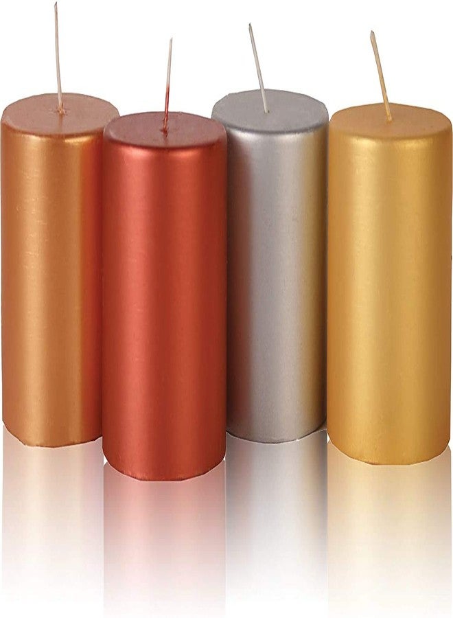 Floryn Decor Metallic Pillar Candles - Set of 4 Unscented Gold, Copper, Silver & Red Candles 2.5 x 2.5 inches | Weddings, Home Decoration, Relaxation, Spa - Image 1