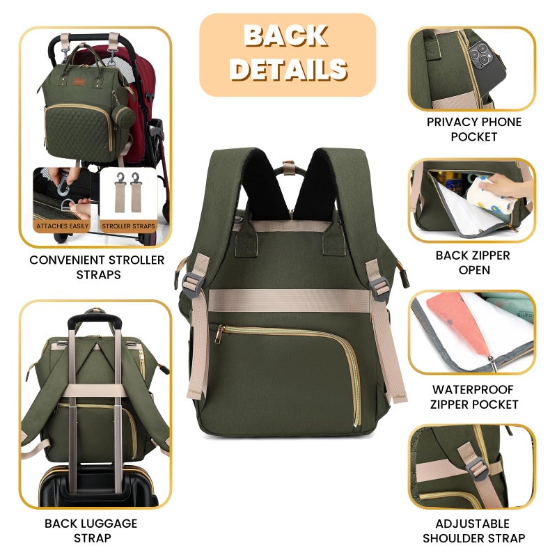 ROSEGIN Diaper Bag Backpack with Changing Pad, Pacifier Case, Baby Bag for Boy Girl Toddler - Large, Stylish, Waterproof Travel Quilted Diaper Bag for Mom - Baby Shower - Army Green - Image 4