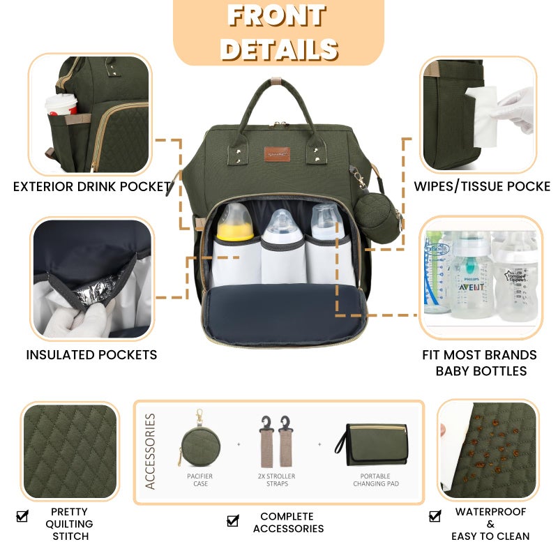 ROSEGIN Diaper Bag Backpack with Changing Pad, Pacifier Case, Baby Bag for Boy Girl Toddler - Large, Stylish, Waterproof Travel Quilted Diaper Bag for Mom - Baby Shower - Army Green - Image 3