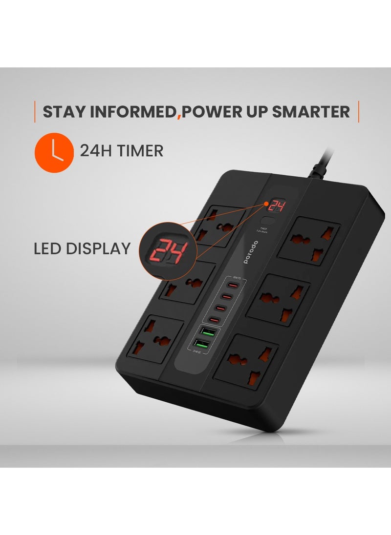 porodo - Multi-Port Super HUB 4 USB-C/ 2 USB-A Ultimate Home and Office Kit 3M 24W USB-A Quick Charge 3000 Watts AC Output Power Button and Timer 3Meter Power Cord with Over-Heat Protection 36W PD - Black - Image 1