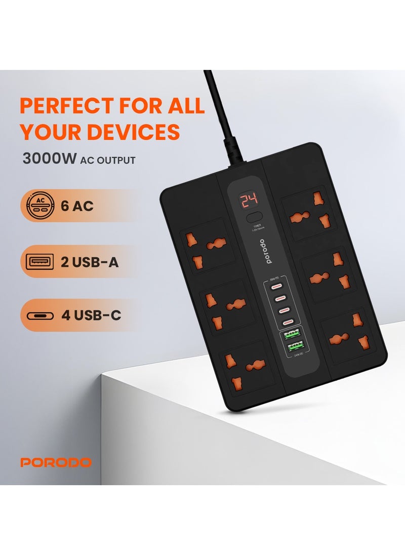 porodo - Multi-Port Super HUB 4 USB-C/ 2 USB-A Ultimate Home and Office Kit 3M 24W USB-A Quick Charge 3000 Watts AC Output Power Button and Timer 3Meter Power Cord with Over-Heat Protection 36W PD - Black - Image 1