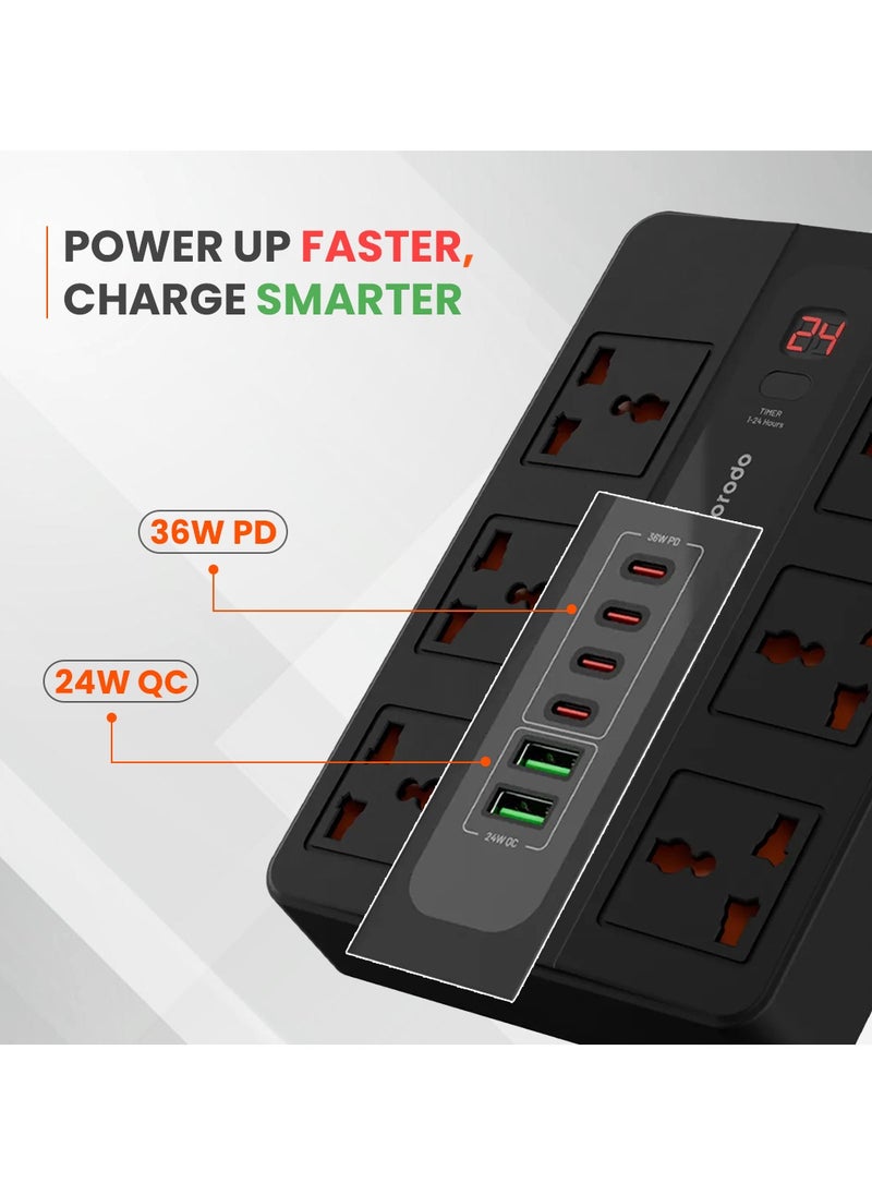porodo - Multi-Port Super HUB 4 USB-C/ 2 USB-A Ultimate Home and Office Kit 3M 24W USB-A Quick Charge 3000 Watts AC Output Power Button and Timer 3Meter Power Cord with Over-Heat Protection 36W PD - Black - Image 1