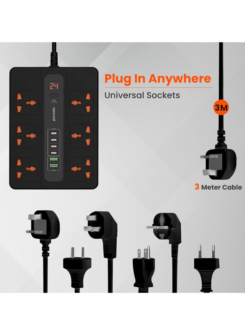 porodo - Multi-Port Super HUB 4 USB-C/ 2 USB-A Ultimate Home and Office Kit 3M 24W USB-A Quick Charge 3000 Watts AC Output Power Button and Timer 3Meter Power Cord with Over-Heat Protection 36W PD - Black - Image 1